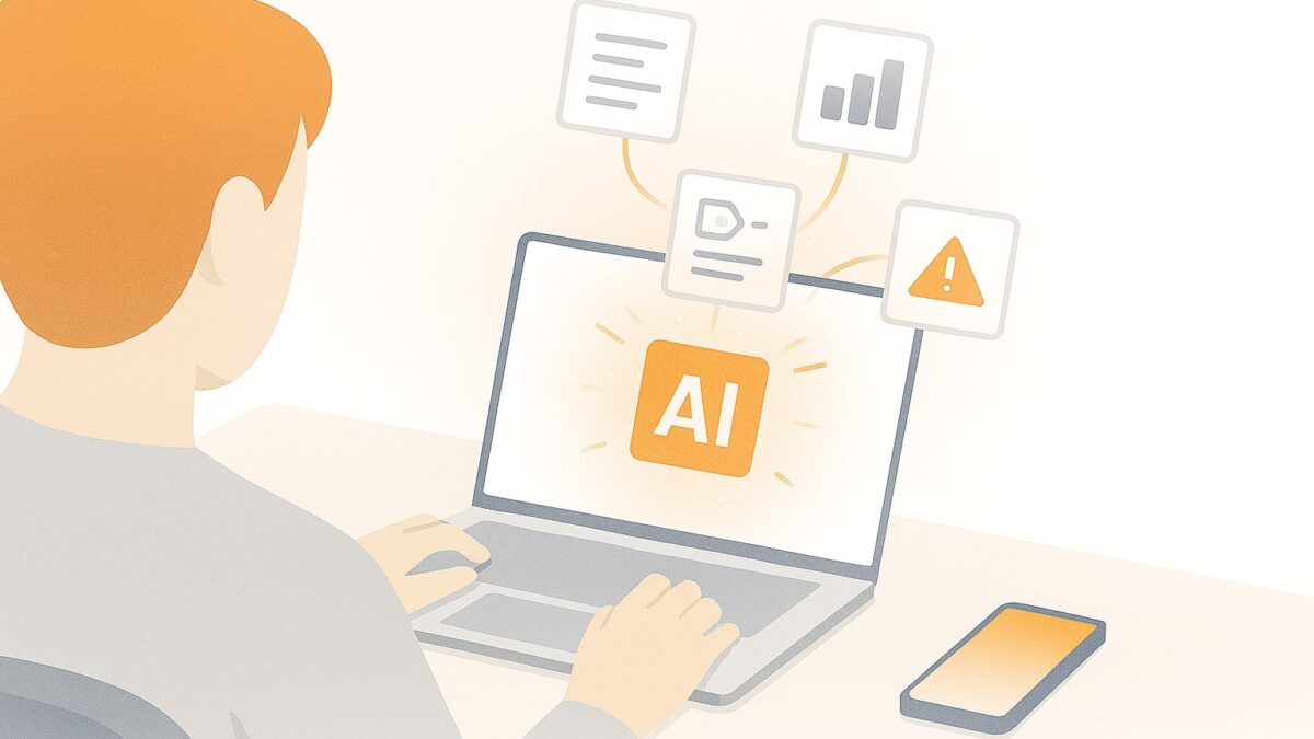 Pengguna bekerja dengan laptop dan smartphone, elemen UI AI melayang terhubung, bayangan tanda seru menandai risiko.