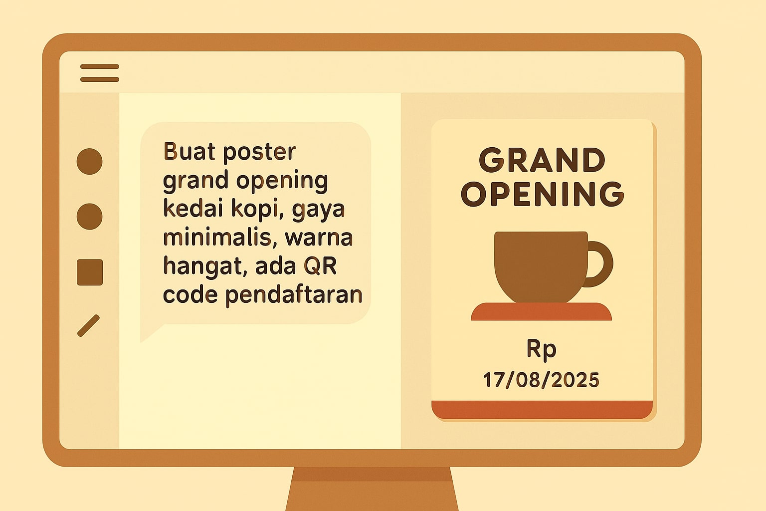Ilustrasi chat AI berbahasa Indonesia menghasilkan poster grand opening kedai kopi dengan format lokal