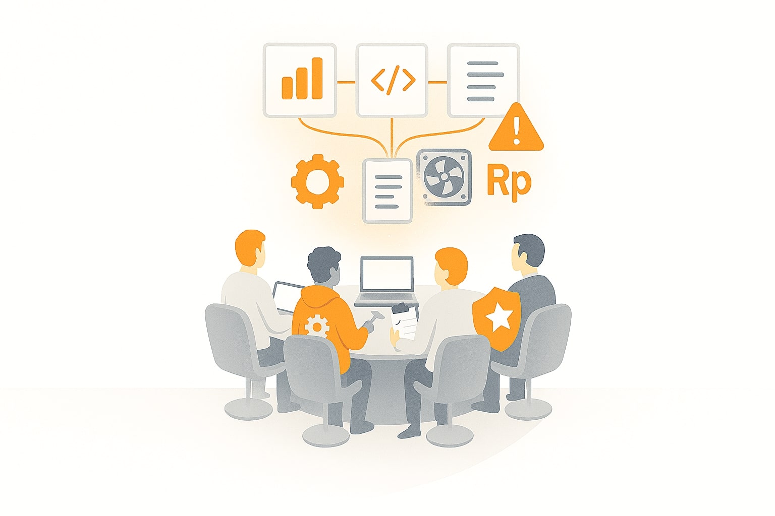 Empat sosok—user, developer, regulator, brand—di meja kendali dengan panel UI AI yang saling terhubung.