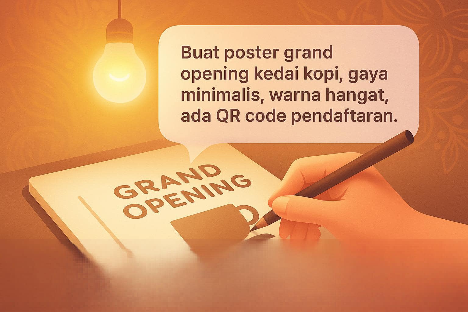 Ilustrasi kolaborasi manusia dan AI: tangan menggambar poster, gelembung chat AI memberi saran dalam Bahasa Indonesia