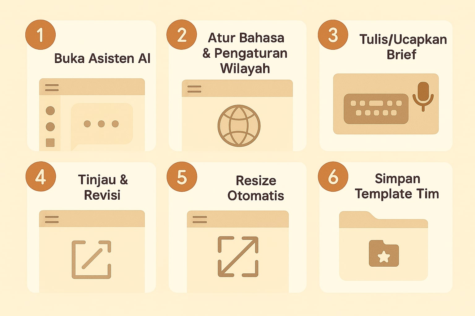 Storyboard enam langkah memakai AI Percakapan: buka asisten, atur bahasa, tulis brief, revisi, resize, simpan template