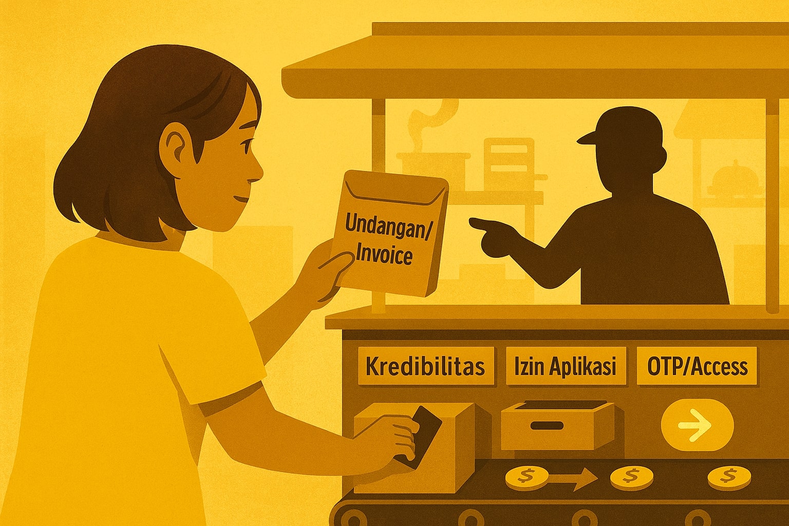 Ilustrasi analogi warung dengan alur umpan → kredibilitas → pintu masuk → ambil alih → tarik dana