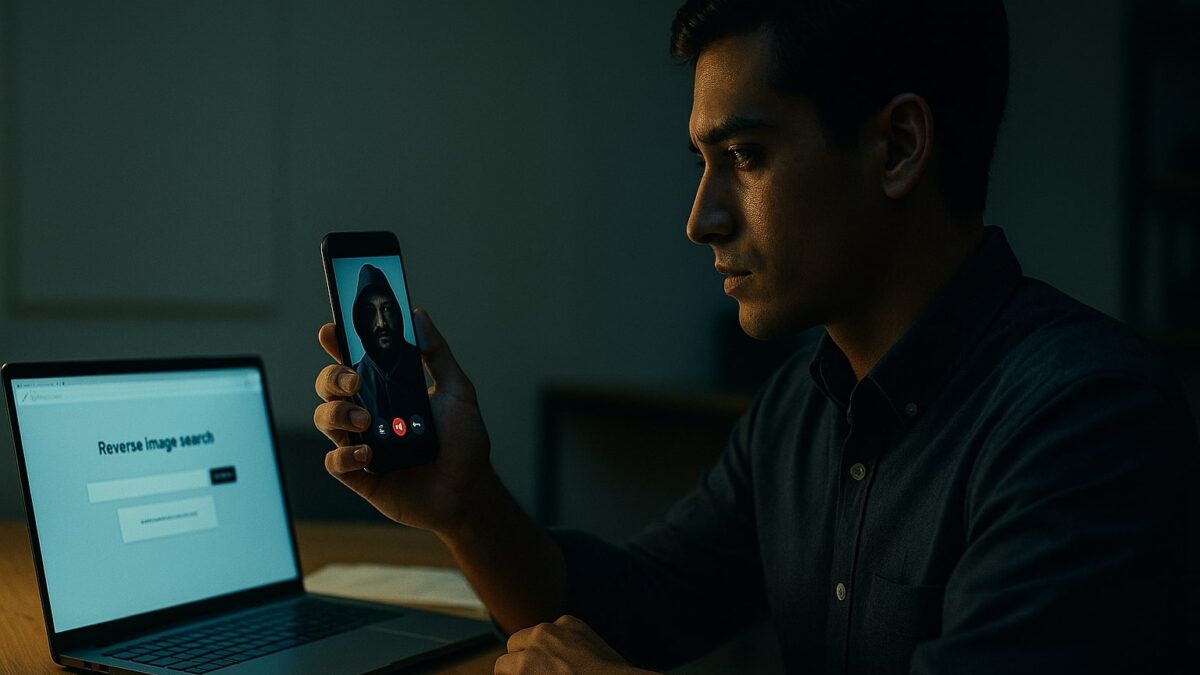 lustrasi editorial deepfake wajah dan suara, orang mengecek kebenaran video di ponsel dengan verifikasi lintas kanal