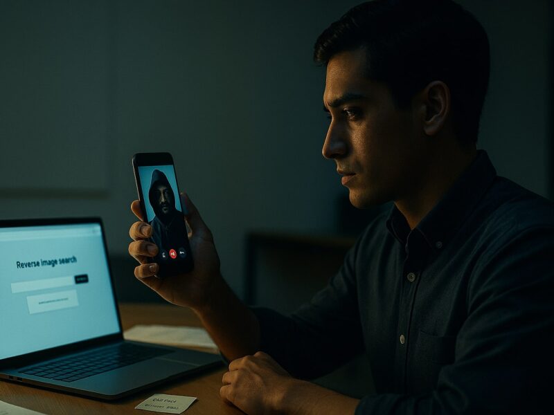 lustrasi editorial deepfake wajah dan suara, orang mengecek kebenaran video di ponsel dengan verifikasi lintas kanal