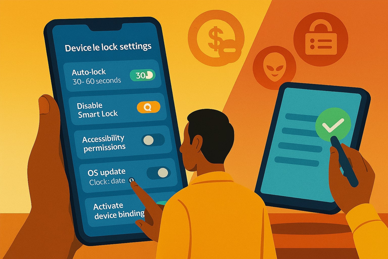 Tangan mengatur kunci layar, izin aksesibilitas, update OS, serta device binding sebagai checklist keamanan.
