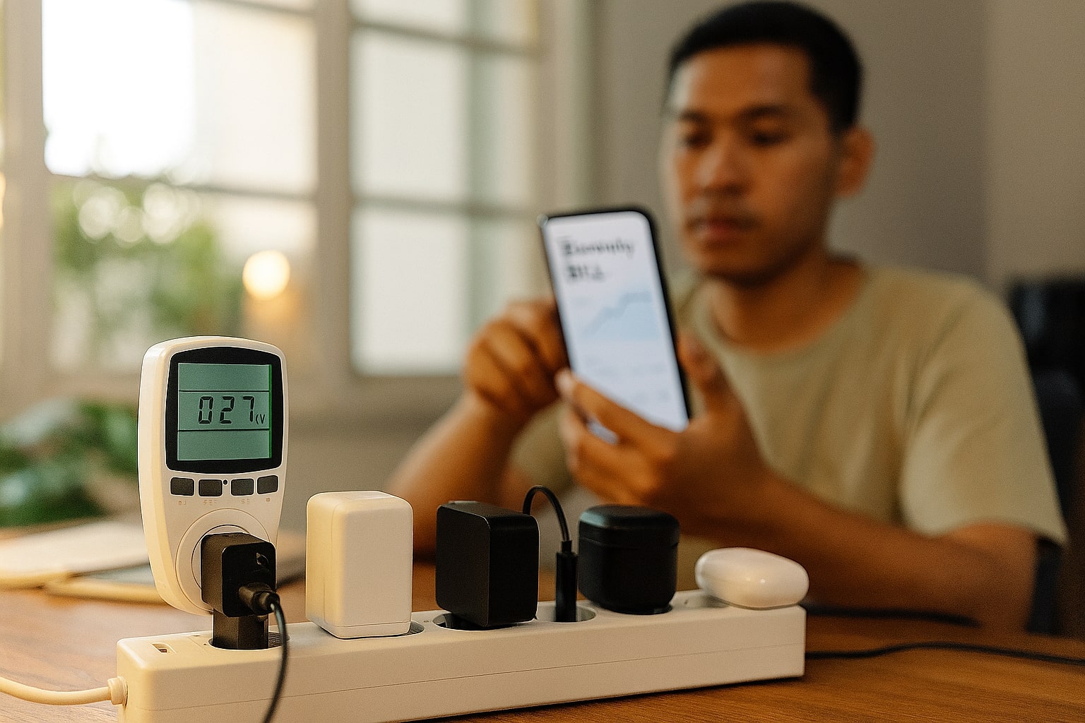 Power strip penuh adaptor di meja kerja, layar ponsel menampilkan tagihan listrik.