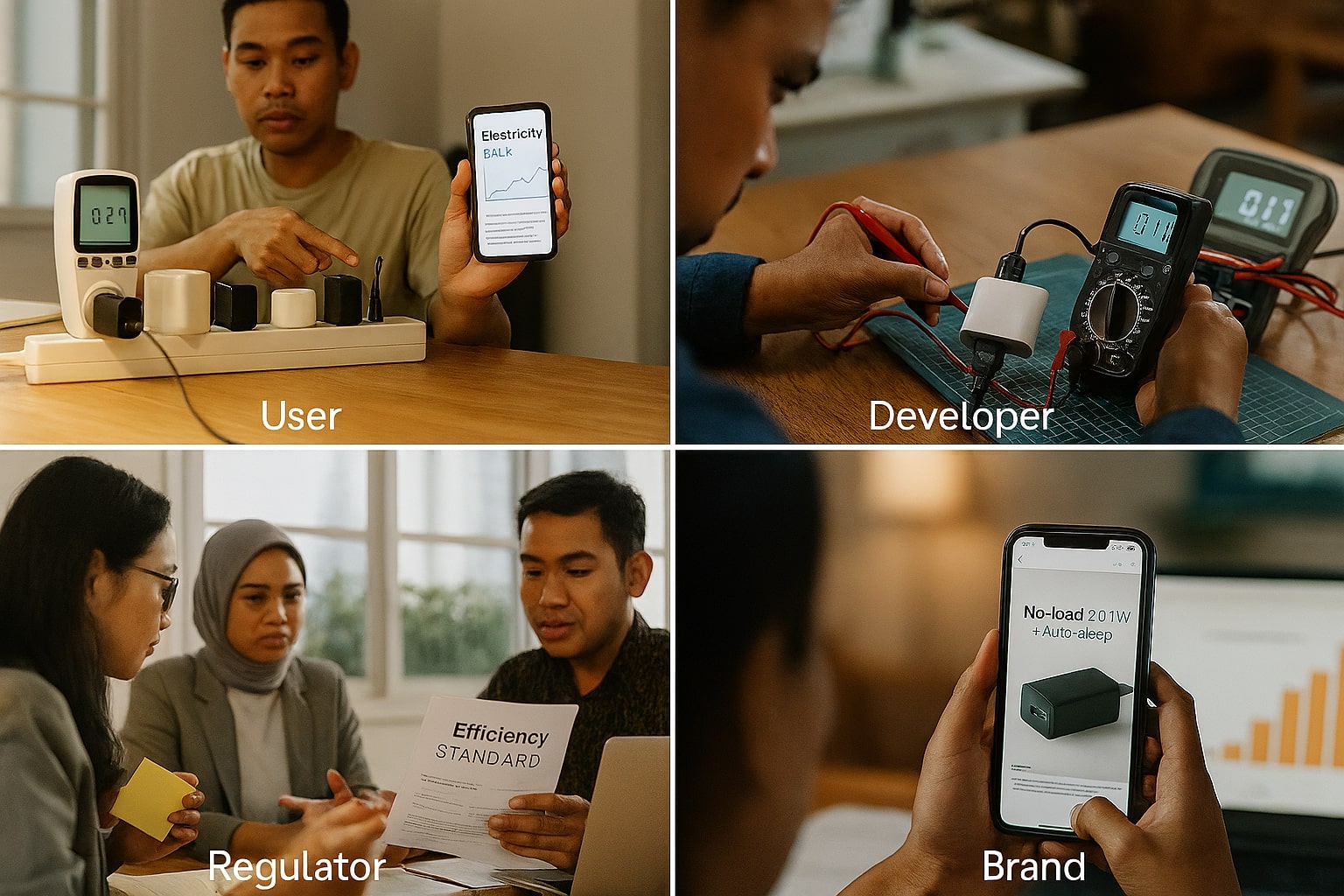 Empat sudut pandang: pengguna, developer, regulator, dan brand dalam isu standby power.