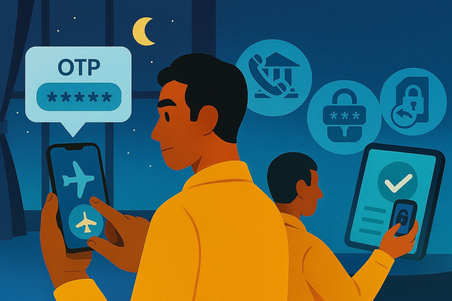 Ilustrasi rencana aksi saat ada gejala pembobolan: mode pesawat, hubungi bank/operator, reset kredensial, bersihkan perangkat.