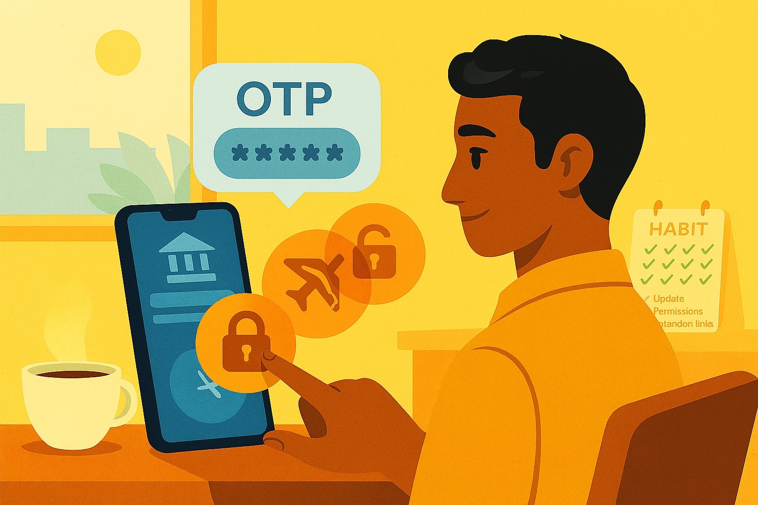 Pengguna menutup aplikasi bank dengan ikon gembok, menandakan kebiasaan aman yang konsisten.