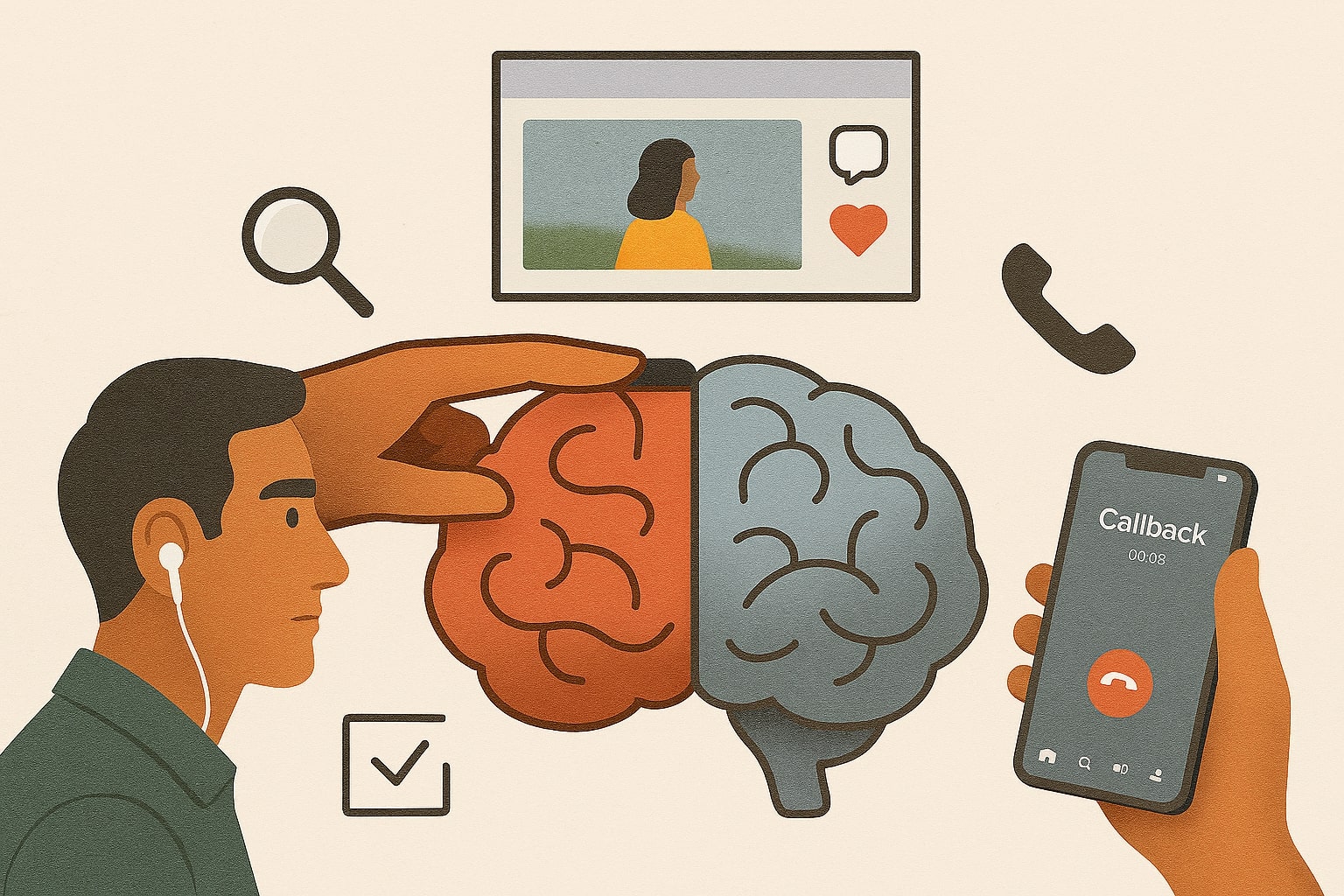 Ilustrasi editorial otak manusia dengan overlay jendela video dan ikon emosi vs verifikasi