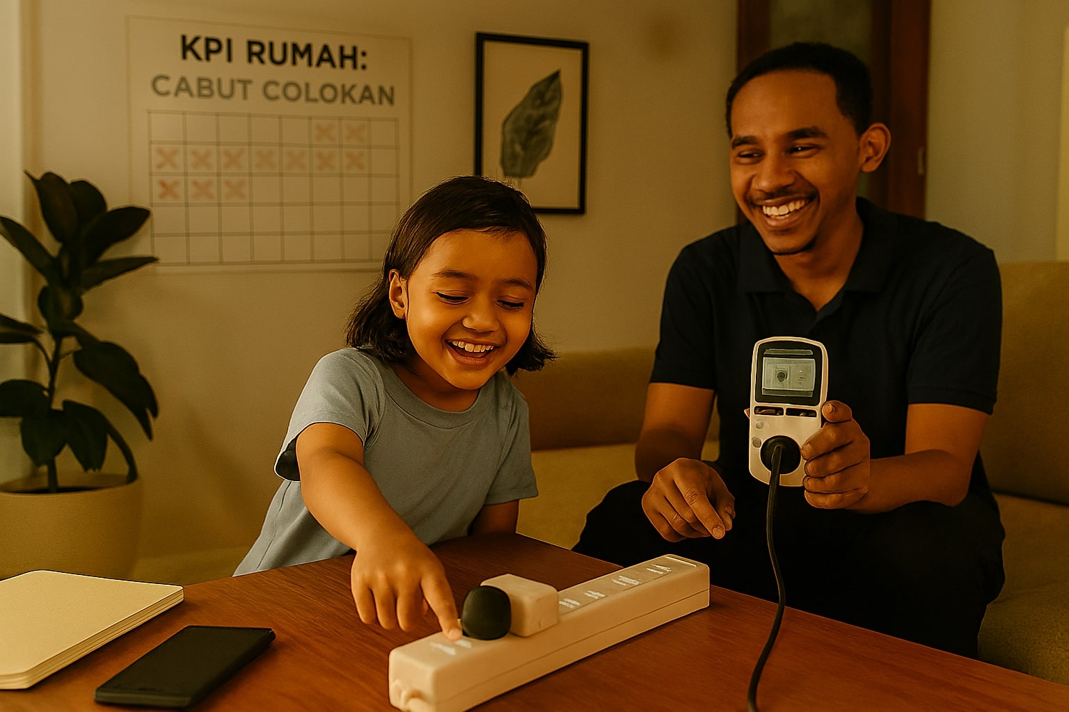Keluarga membiasakan mencabut charger dan mematikan power strip untuk hemat listrik.