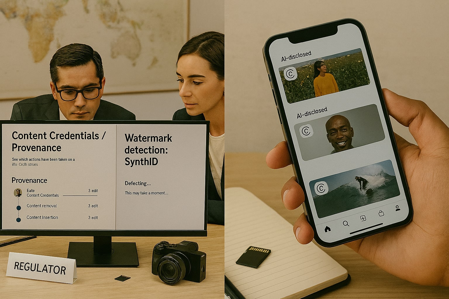 Ilustrasi meja rapat regulator dan feed media sosial publik yang menampilkan label konten AI