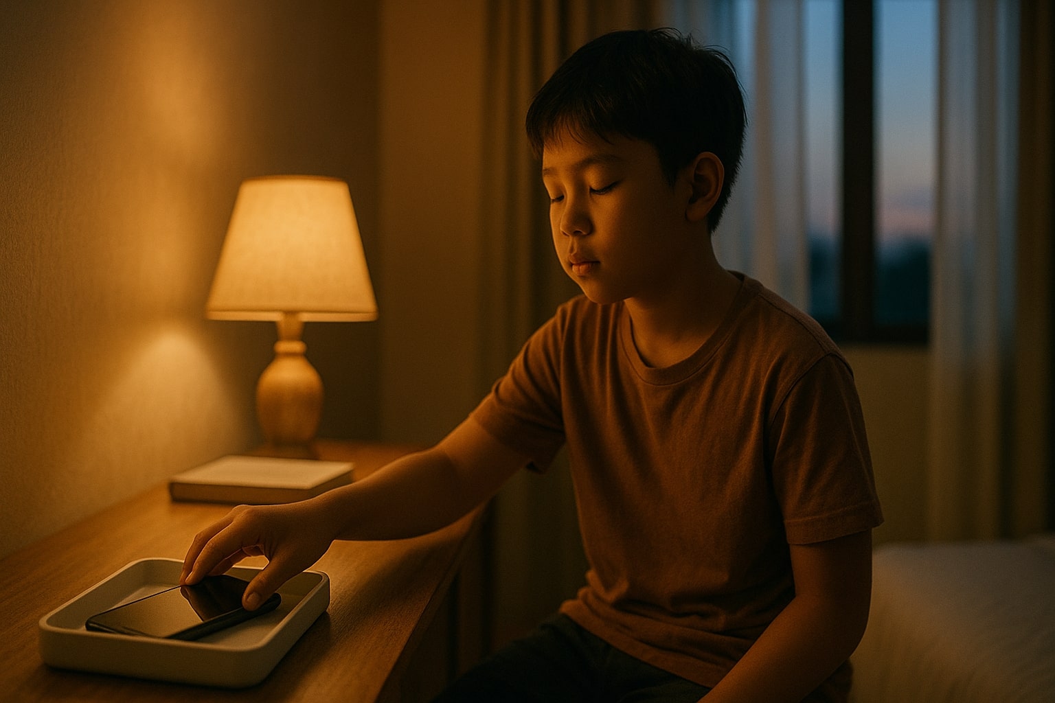Anak menaruh ponsel di luar kamar, bersiap tidur tenang.