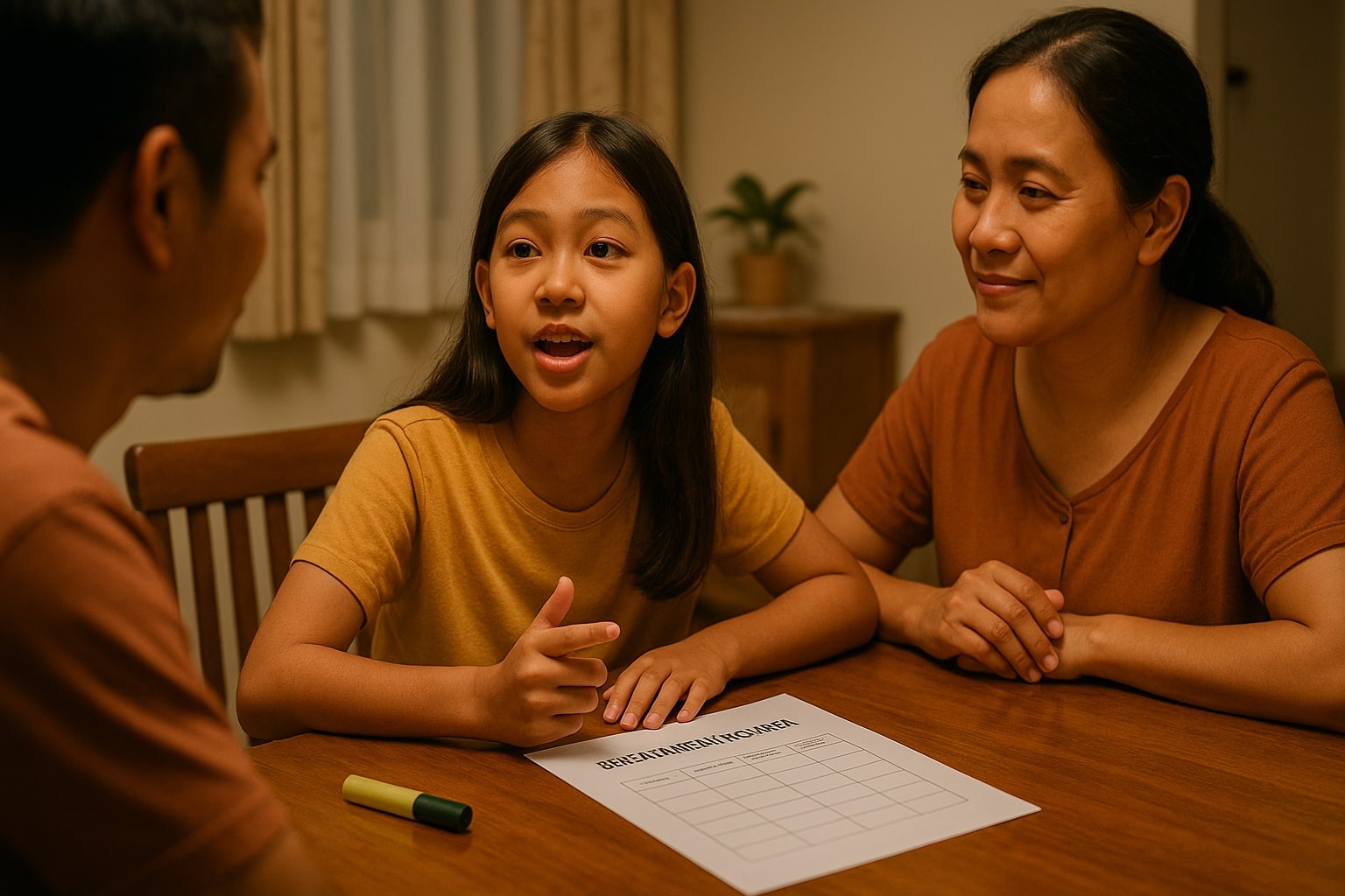 Keluarga berdiskusi sambil meninjau Rencana Media Keluarga.