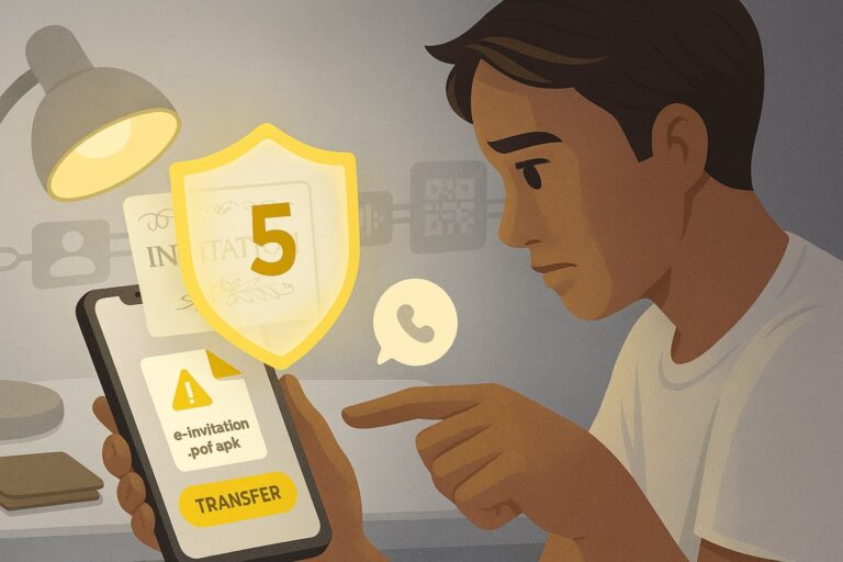 Pengguna menatap chat undangan dengan file ‘e-invitation.pdf.apk’ dan panggilan suara mirip keluarga di layar ponsel