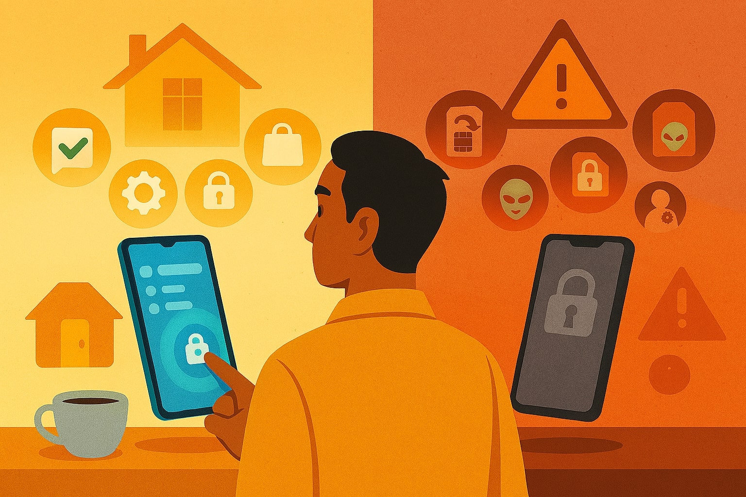 Ilustrasi perbandingan pondasi perangkat bersih vs risiko phishing, APK berbahaya, dan SIM swap.