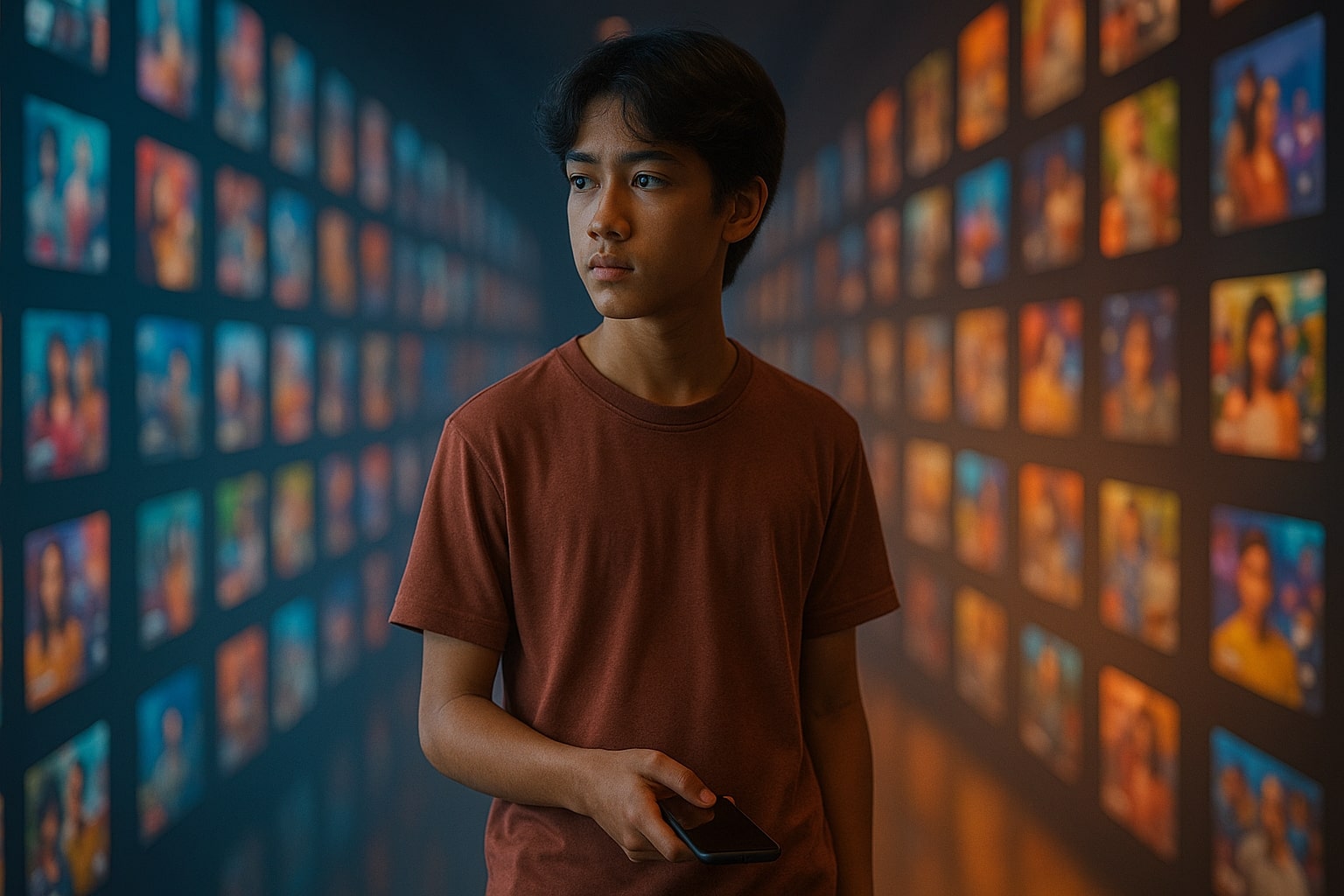 Remaja berdiri di “lorong” layar rekomendasi yang memanjang ke belakang.