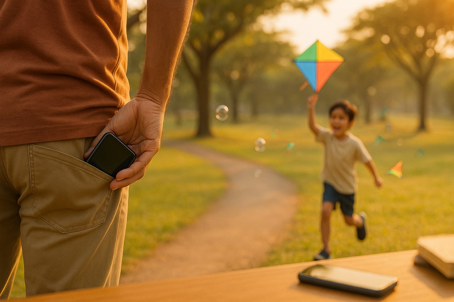 Orang tua menyimpan ponsel, anak bermain bebas di taman saat senja.