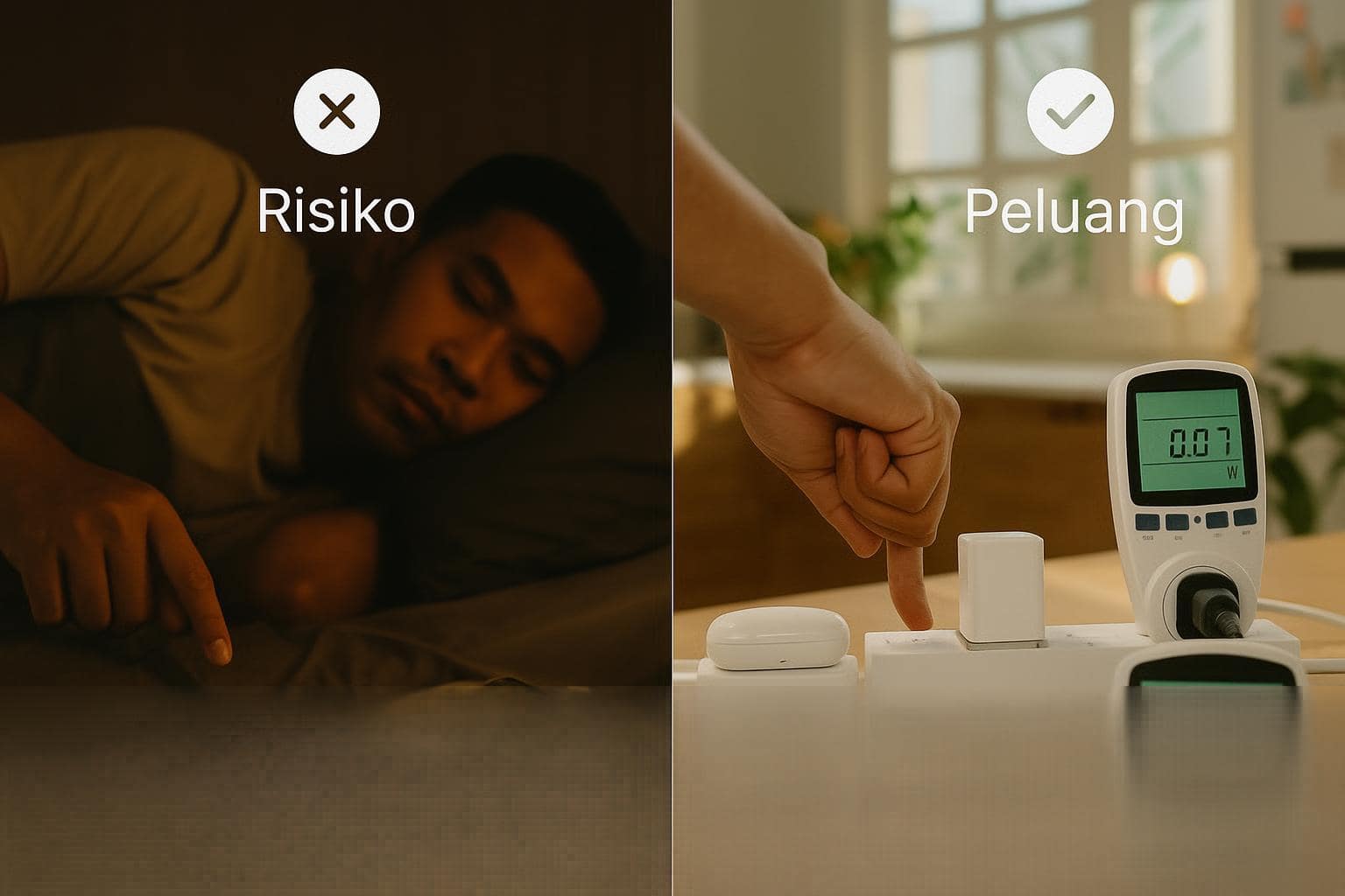 Perbandingan risiko pengisian di kasur vs peluang hemat dengan smart plug/saklar.