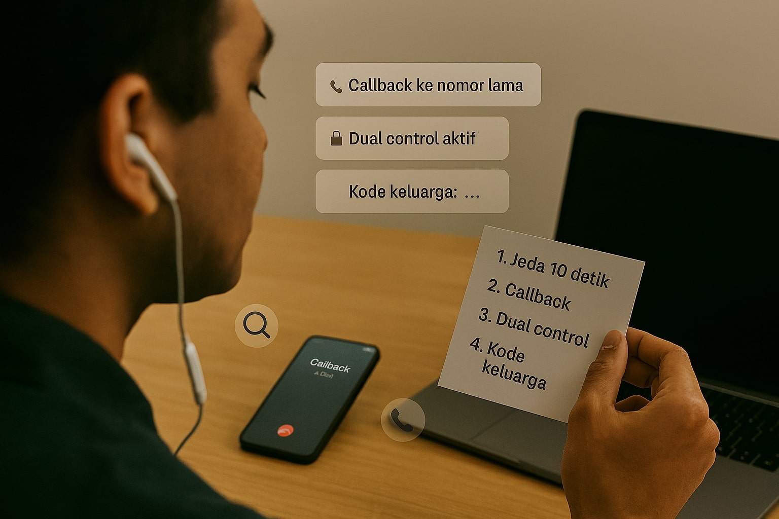Orang membaca panduan singkat sambil muncul overlay AR “Callback ke nomor lama” dan “Dual control aktif