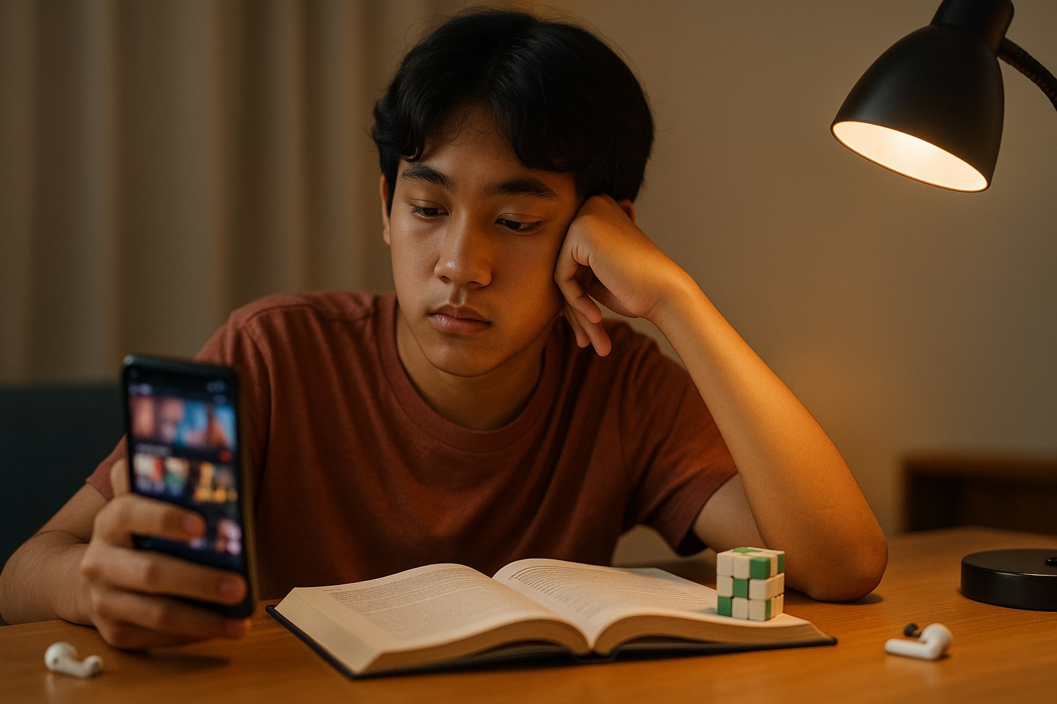 Remaja di meja belajar menimbang ponsel video pendek vs bacaan fokus.