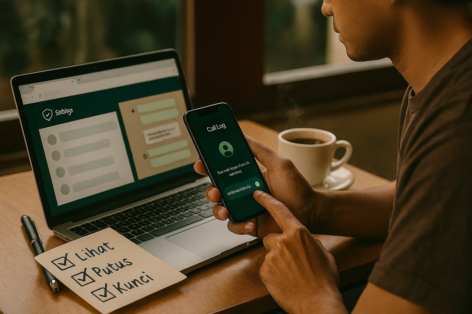 Contoh gejala WhatsApp disadap: logout mendadak, panggilan tak dikenal disenyapkan, Code Verify di browser, orang tetap tenang sambil minum kopi