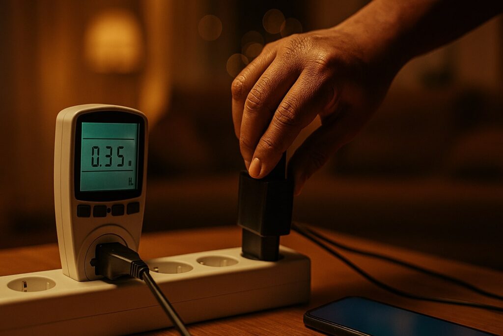 Tangan mencabut charger dari power strip, watt-meter menunjukkan konsumsi standby kecil (vampire load).