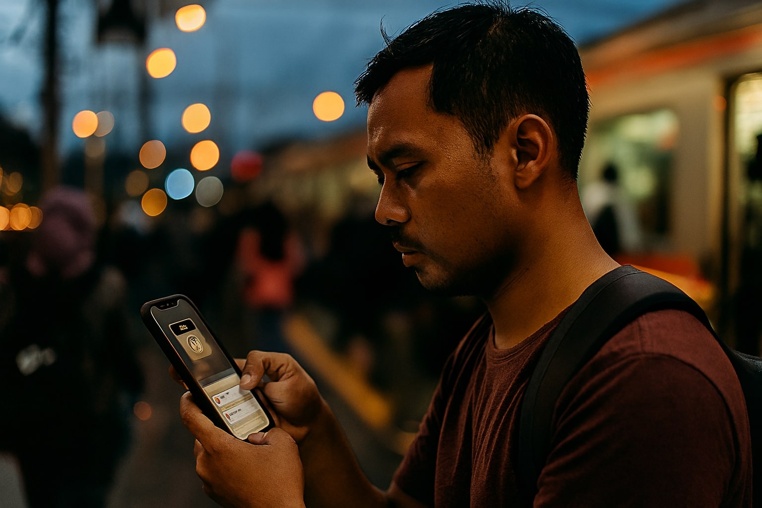 Pengguna di stasiun kereta melihat status dengan stiker pertanyaan dan balon terjemahan otomatis di UI chat generik