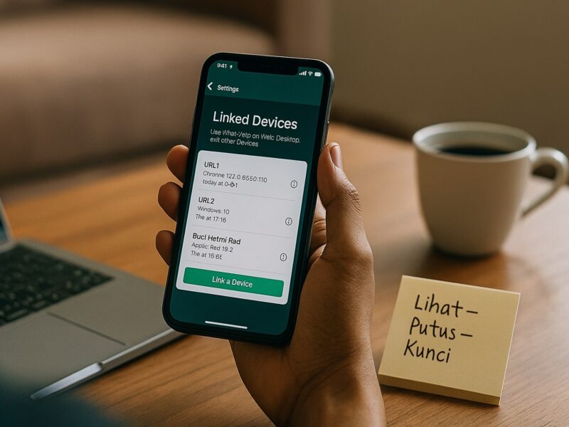Ilustrasi cara mengetahui WhatsApp disadap: seseorang memeriksa daftar perangkat tertaut dan checklist Lihat–Putus–Kunci di ponsel, UI chat hijau generik