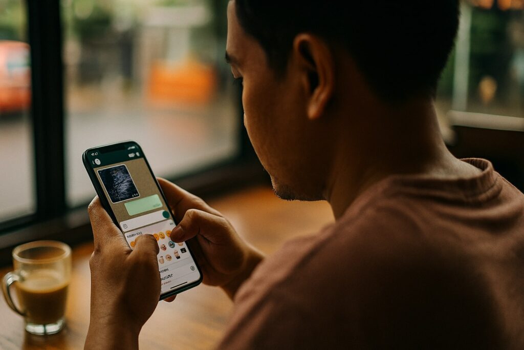 Pengguna di kafe memegang ponsel, menampilkan foto bergerak, panel stiker, ikon pemindai dokumen, dan hasil pencarian grup yang relevan