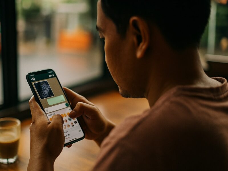 Pengguna di kafe memegang ponsel, menampilkan foto bergerak, panel stiker, ikon pemindai dokumen, dan hasil pencarian grup yang relevan